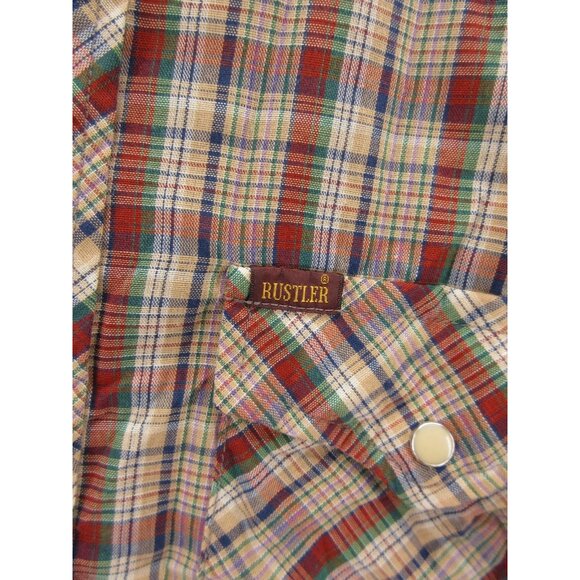 VINTAGE Rustler Shirt Large Western Pearl Snap Cowboy Plaid Rodeo USA - Picture 6 of 10
